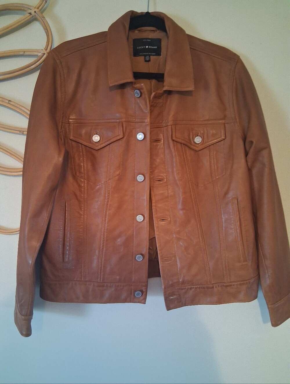 NWOT Lucky Brand Leather Trucker Jacket In Color: Cognac Size L - Picture 4 of 15